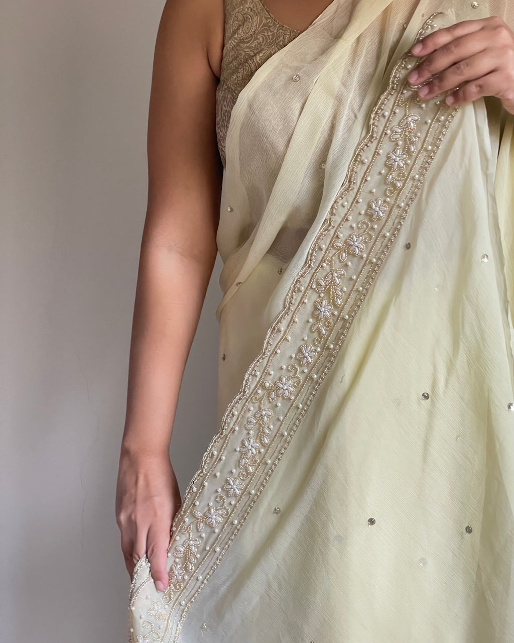 Butter Yellow Chiffon Saree with Antique-Gold Zardozi
