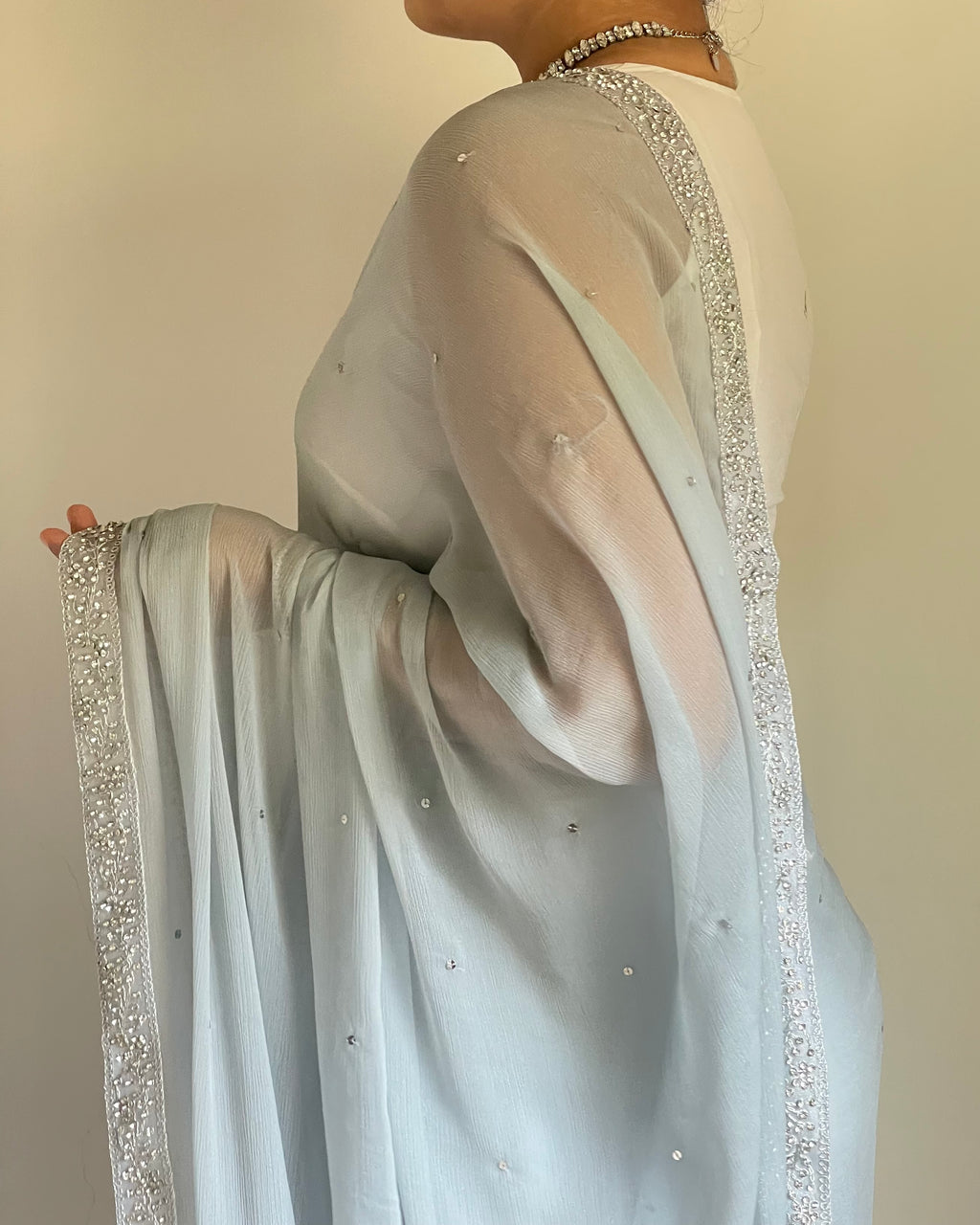 Powder Greyish Blue Chiffon Saree with Silver Zardozi