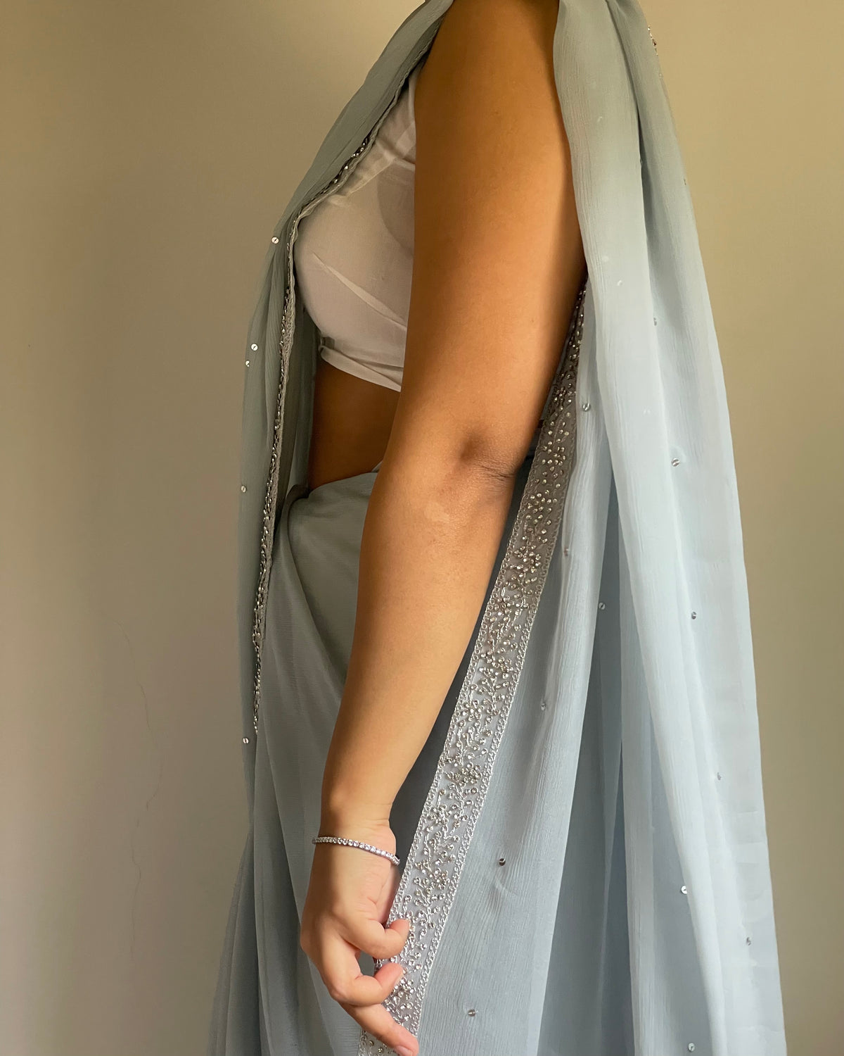 Powder Greyish Blue Chiffon Saree with Silver Zardozi