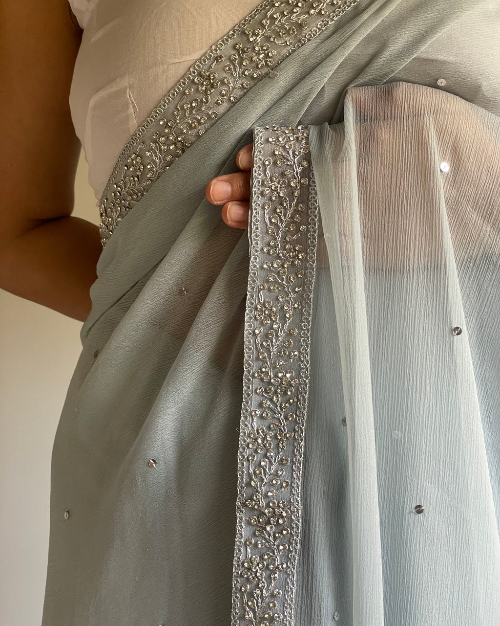 Powder Greyish Blue Chiffon Saree with Silver Zardozi
