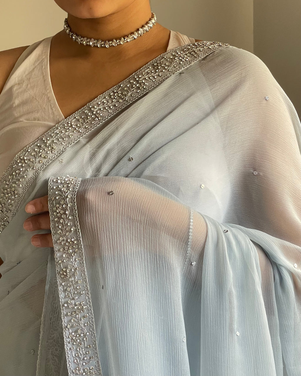 Powder Greyish Blue Chiffon Saree with Silver Zardozi