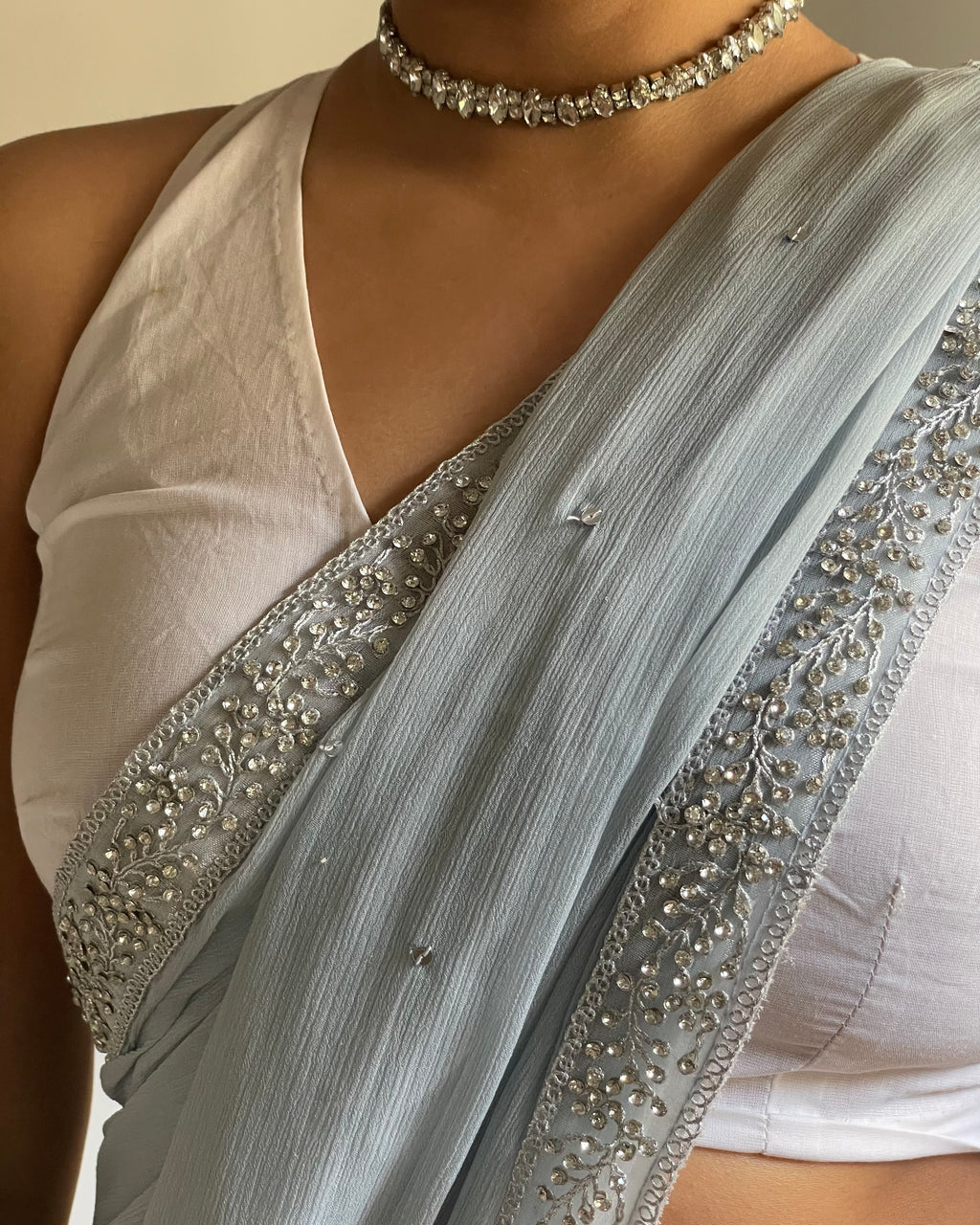 Powder Greyish Blue Chiffon Saree with Silver Zardozi