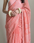 Coral Pink Block-Printed Cotton Saree