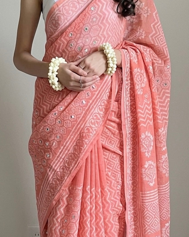 Coral Pink Block-Printed Cotton Saree